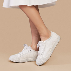 Женский Свадебная обувь кружевной Satin Плоский каблук Круглый носок Свадебные кроссовки горный хрусталь Повседневная свадьба обувь 