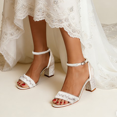 Damen Brautschuhe Satin Blockabsatz Offene Schuhspitze Brautsandalen Brautschuhe Boho Elegant Spitze Hochzeit Party Abschlussball Abend Schuhe 