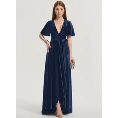 A-Linien-Kleid V-Ausschnitt Vokuhila Samt Brautjungfernkleid mit Schleife (007220899)