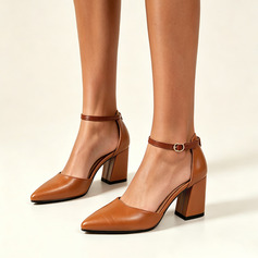 Women's Ankle Strap Heels Work Casual Faux Leather Block Heel Point Toe Color Block Buckle Shoes