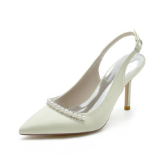 Kvinnor Bröllopsskor Satäng Hög klack Spetsig tå Bröllopsklackar Brudskor Pärla Elegant Wedding skor 