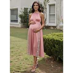 A-line Halter Tea-Length Maternity Dresses With Lace Pleated (329425588)