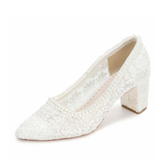 Vrouwen bruidsschoenen kant satijn blokhak puntteen bruiloft hakken bruidsmeisje schoenen elegant huwelijk schoenen 