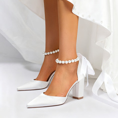 Mulher sapatos de casamento cetim salto bloco biqueira pontiaguda sapatos de salto de noiva elegante pérolas casamento sapatos