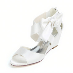 Женский Свадебная обувь Satin Танкетка Открытый носок Свадебные сандалии Свадебная обувь Бантик Милый свадьба Вечер коктейль обувь 