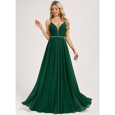 A-linja v-kaula lattiaa hipova pituus sifonki morsiusneitojen mekko jossa helmikoristelu (007269474)