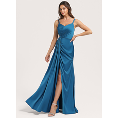 A-Linien-Kleid V-Ausschnitt Bodenlang Matte Satin Brautjungfernkleid mit Rüschen (007417354)