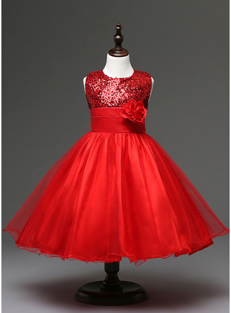 Ball Gown/Empire Knee-length Flower Girl Dress - Tulle/Sequined/Cotton Blends Sleeveless Jewel With Flower(s) 