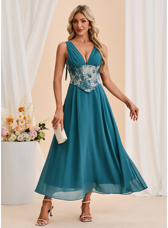 V-Ausschnitt Ärmellos A-Linien-Kleid Chiffon Jacquard Maxi Kleid 