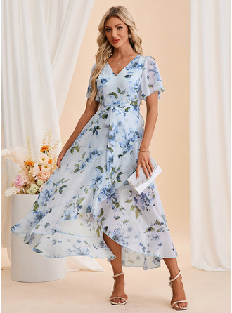 Blumenmuster V-Ausschnitt Kurzarm A-Linien-Kleid Chiffon Vokuhila Maxi Kleid 