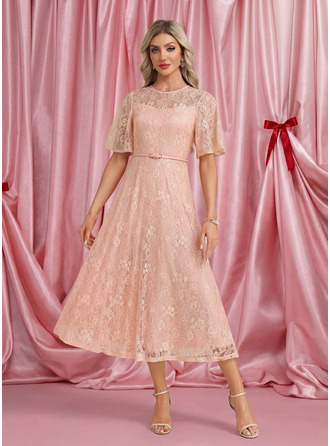 блестки Совок шеи Иллюзия С коротким рукавом A-линии кружевной миди Модные платья 