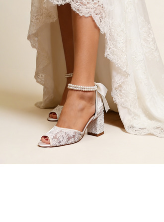 Mujer zapatos de novia satén tacón ancho peep toe sandalias de novia zapatos de novia elegante perlas cordón encaje boda fiesta fiesta de graduación noche zapatos 