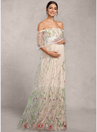 Kjole med A-linje Off-shoulder Gulvlængde Blomster Blonder Graviditetskjoler 