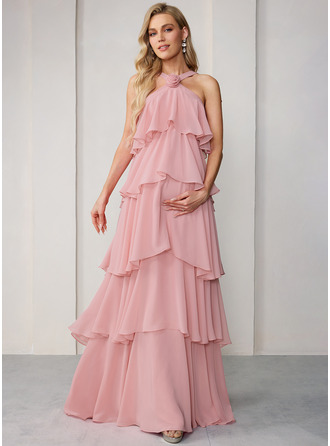 Gravid Klänning Maxi i Chiffong med Halterneck Ärmlös Blommor i 3D