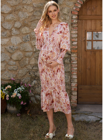 Abito premaman midi maniche lunghe con stampa floreale in chiffon