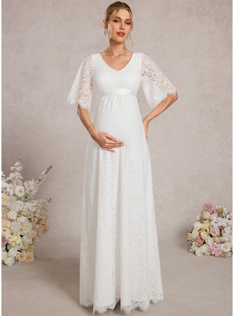 A-line V-Neck Floor-Length Lace Maternity Dresses With Bow