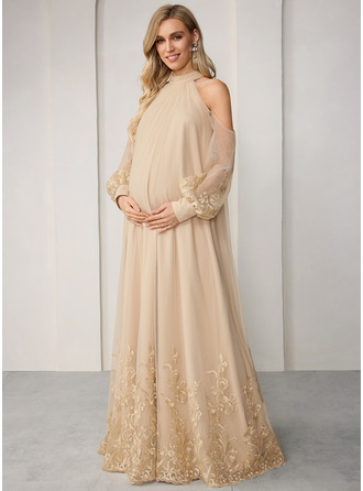 Kleid für Schwangere Maxi mit Stehkragen Langarm Plissee aus Tüll