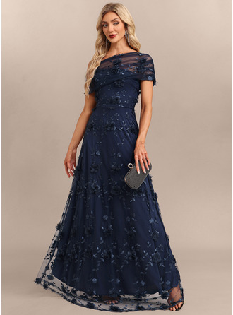 Цветок Иллюзия С коротким рукавом A-линии Тюль Макси Модные платья 