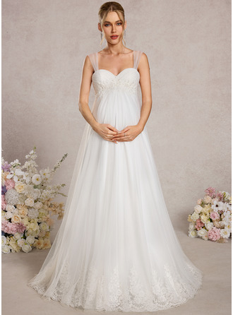 A-line Sweetheart Sweep Train Tulle Maternity Dresses With Pleated