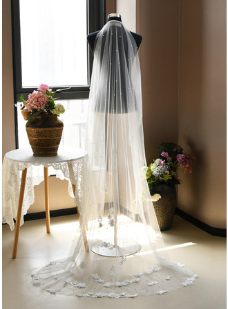 Perlen Blumen Schnittkante Einstufig Hochzeit Kapellenschleier 200 cm Brautschleier 