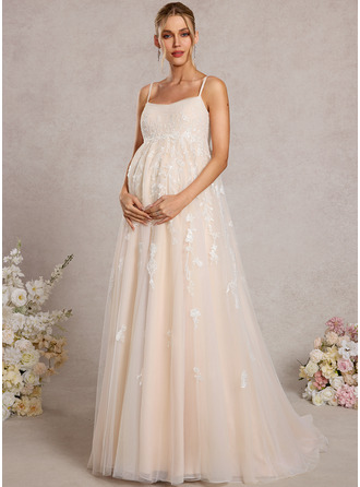A-line Square Sweep Train Tulle Maternity Dresses With Pleated