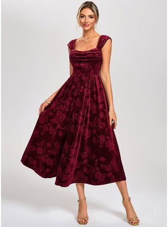 Jacquard Cowl Square Sleeveless A-line Velvet Midi Dress 