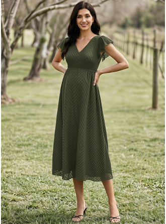 A-линии V шеи Длина ниже колен Шифон с Лук Рябь 