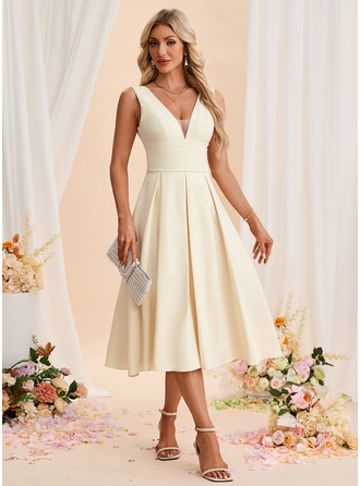 Falten V-Ausschnitt Ärmellos A-Linien-Kleid Stretch-Crêpe Midi Kleid 