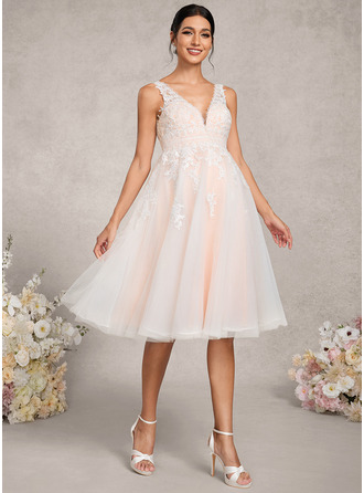 Kjole med A-linje V-hals Knælængde Tyl Blonder Graviditetskjoler 