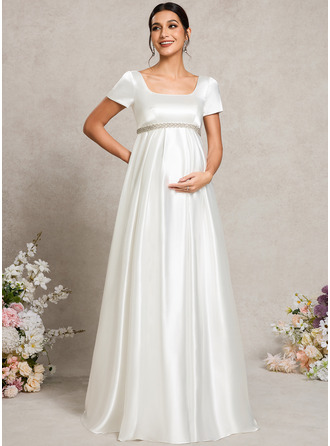 Robes de grossesse trapèze col carré longueur ras du sol satin stretch avec nœud perles 