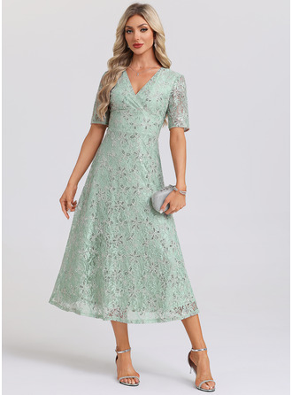 блестки V шеи С коротким рукавом A-линии кружевной миди Модные платья 