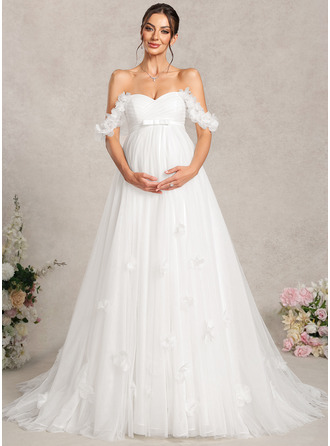 Vestido premamá línea a con hombros descubiertos sin tirantes de tul