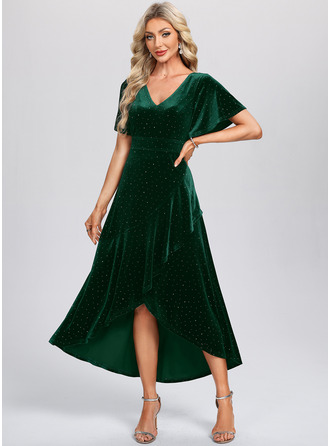 V шеи С коротким рукавом A-линии бархат асимметричный миди Модные платья 