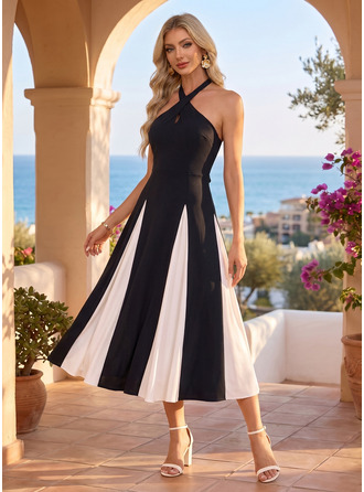 Frente única preto e branco chiffon midi vestido