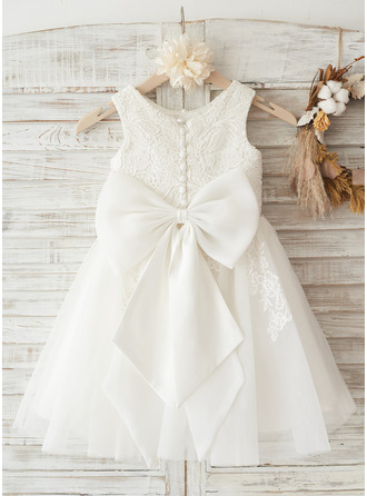 A-Line/Princess Knee-length Flower Girl Dress - Tulle/Lace Sleeveless Scoop Neck With Lace/Bow(s) 