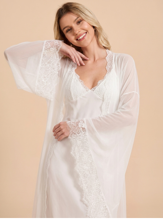 Sheer Mesh Lace Flared Sleeve Robe Cami Nightgown Set