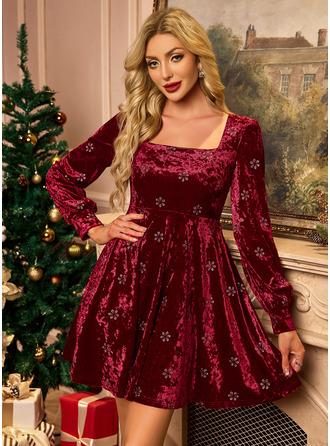 Embroidered Square Long Sleeve A-line Velvet Mini Dress 