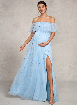 Sukienka Trapezowa Dekolt typu Carmen Do Podłogi Cekin Tiul Sukienki ciążowe 