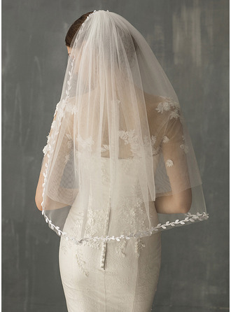 Perlen Blatt Schnittkante Zweistufig Hochzeit Fingerspitzen-Schleier 80 cm Brautschleier Mit Gesichtsteil 