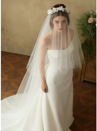 Floral borda cortada duas camada casamento véu ponta dos dedos 130 cm véus de noiva com véu facial