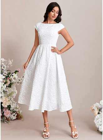 Boat Neck Cap Sleeve A-line Jacquard Midi Dress 