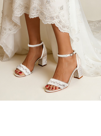 Mujer zapatos de novia satén tacón ancho puntera abierta sandalias de novia zapatos de novia boho elegante encaje boda fiesta fiesta de graduación noche zapatos 