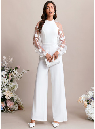 Embroidered Scoop Long Sleeve Jumpsuits Stretch Crepe Maxi Dress 