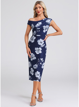 One Shoulder Floral Print Spandex Midi Dress