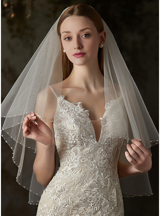 Pearl Cut Edge Two Tier Bridal Short 31" Wedding Veils With Blusher