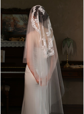 Lace Cut Edge Two Tier Bridal Waltz Length 53" Wedding Veils With Blusher 