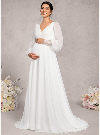 Kjole med A-linje V-hals Sweep/Brush train Blonder Chiffon Graviditetskjoler 