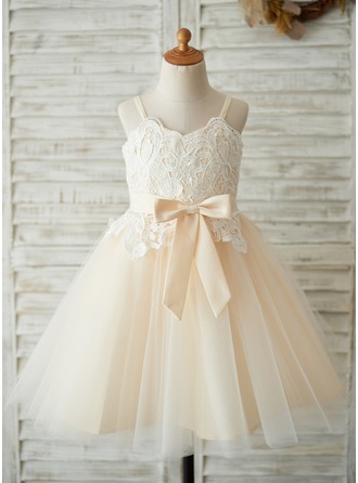 A-Line/Princess Knee-length Flower Girl Dress - Satin/Tulle/Lace Sleeveless Straps With Bow(s) (Undetachable sash) 