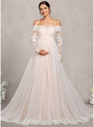 Gallakjole/Prinsesse Off-shoulder Court-slæb Tyl Blonder Graviditetskjoler 