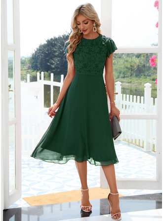 Volantes escote redondo manga casquillo manga ondulada línea a gasa encaje midi vestido 